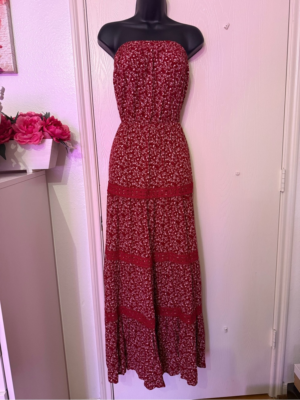 Justify Red Floral Strapless Tiered Maxi Dress